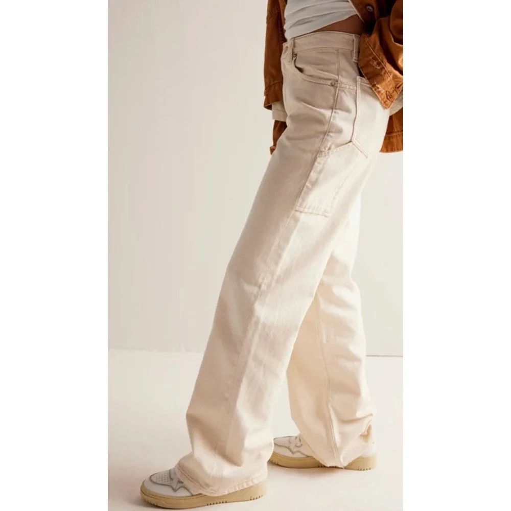 NEW FREE PEOPLE WE THE FREE ECRU TINSLEY BAGGY HIGH RISE STRAIGHT LEG JEANS 32